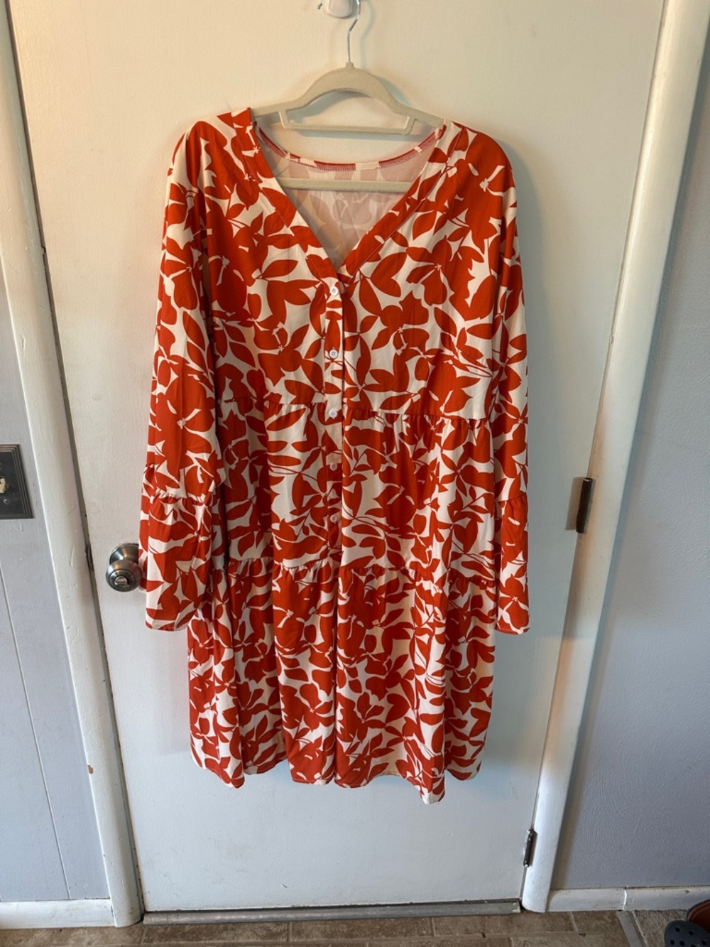 SHEIN Orange and White Button-Front V-Neck Tiered Dress